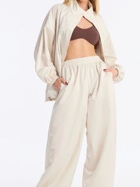 Cream Wide-Leg Track Pants with Elastic Waist